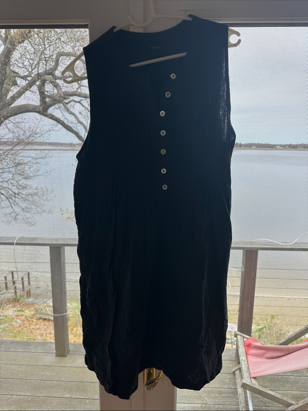 Quince Black Button-Front smocked sundress. M